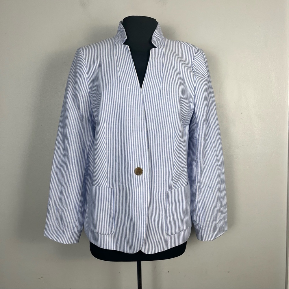 Talbots Blazer Jacket Sz 14 Aberdeen Blue White Striped Linen Cotton